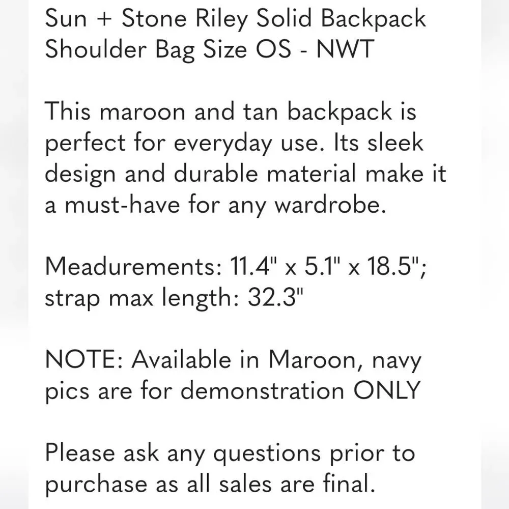 Sun + Stone Riley Solid Backpack Shoulder Bag Maroon Size OS - NWT